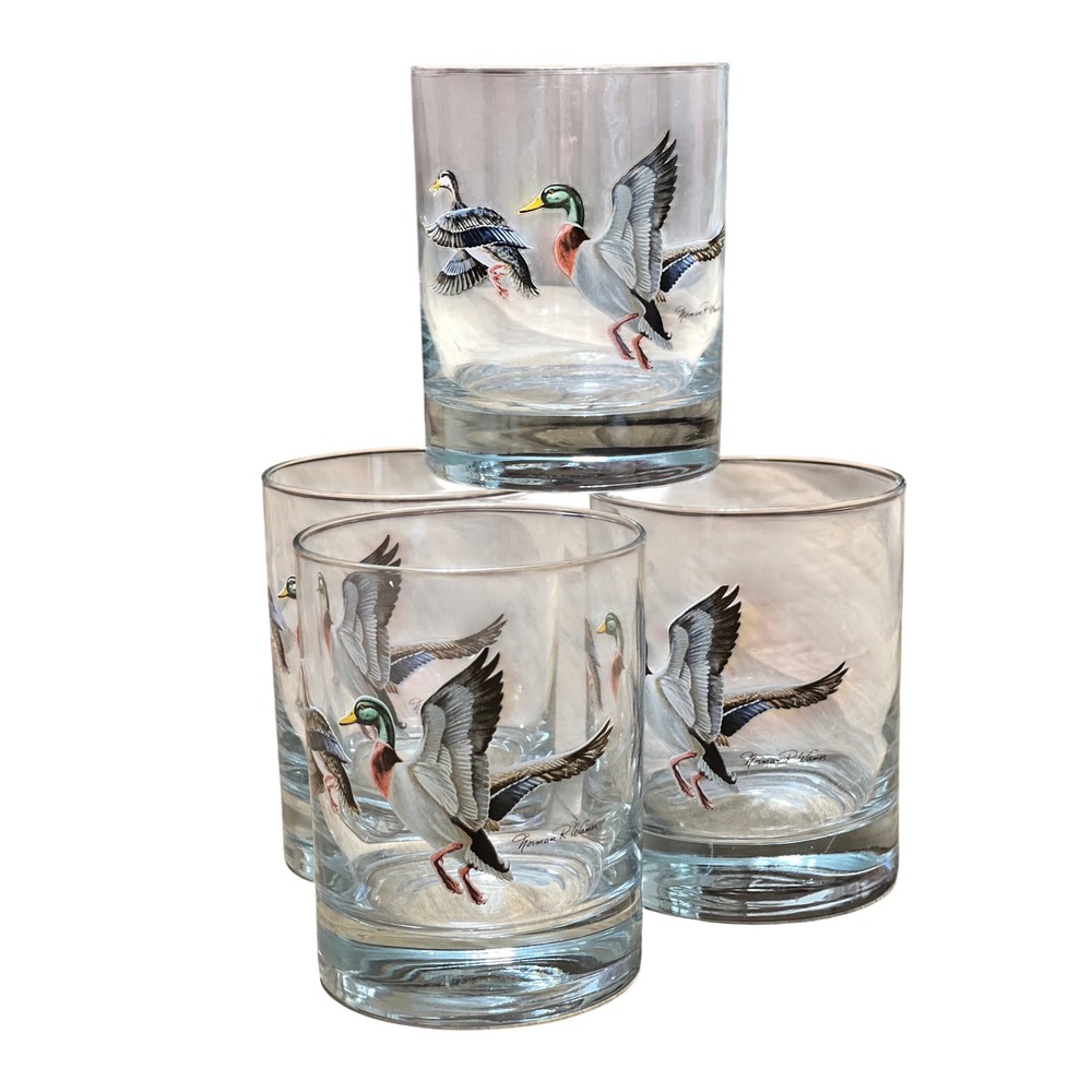 Norman R Adams Mallard Duck Whiskey Glasses Set of 4 Vintage Rocks Lowball Glass - Picture 4 of 5